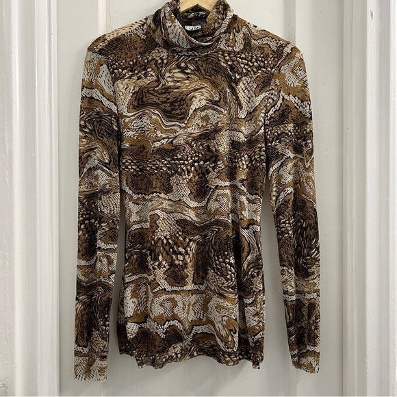 Ganni Marble Print Mesh Turtleneck Top, Brown/Cream/Yellow Multi, EU 38 US6 M - Picture 4 of 8